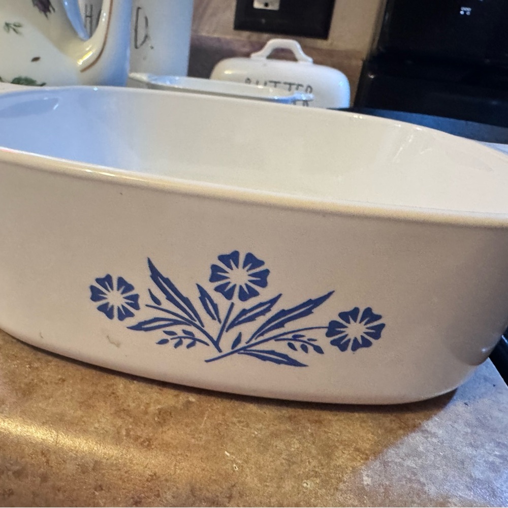 Corningware White Stoneware Casserole with Blue Floral Design and Glass Lid